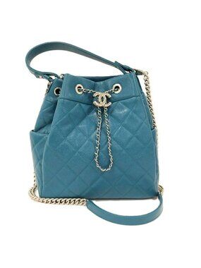 Chanel 2-Way Shoulder Bag Drawstring Quilted Caviar Leather Blue